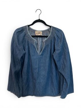 Bis Vintage American Blues Chambray Peasant Smocked Split Neck Blouse Blue SZ S